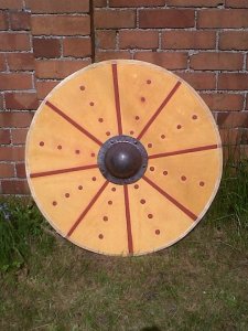 Planked, leather-faced round shield